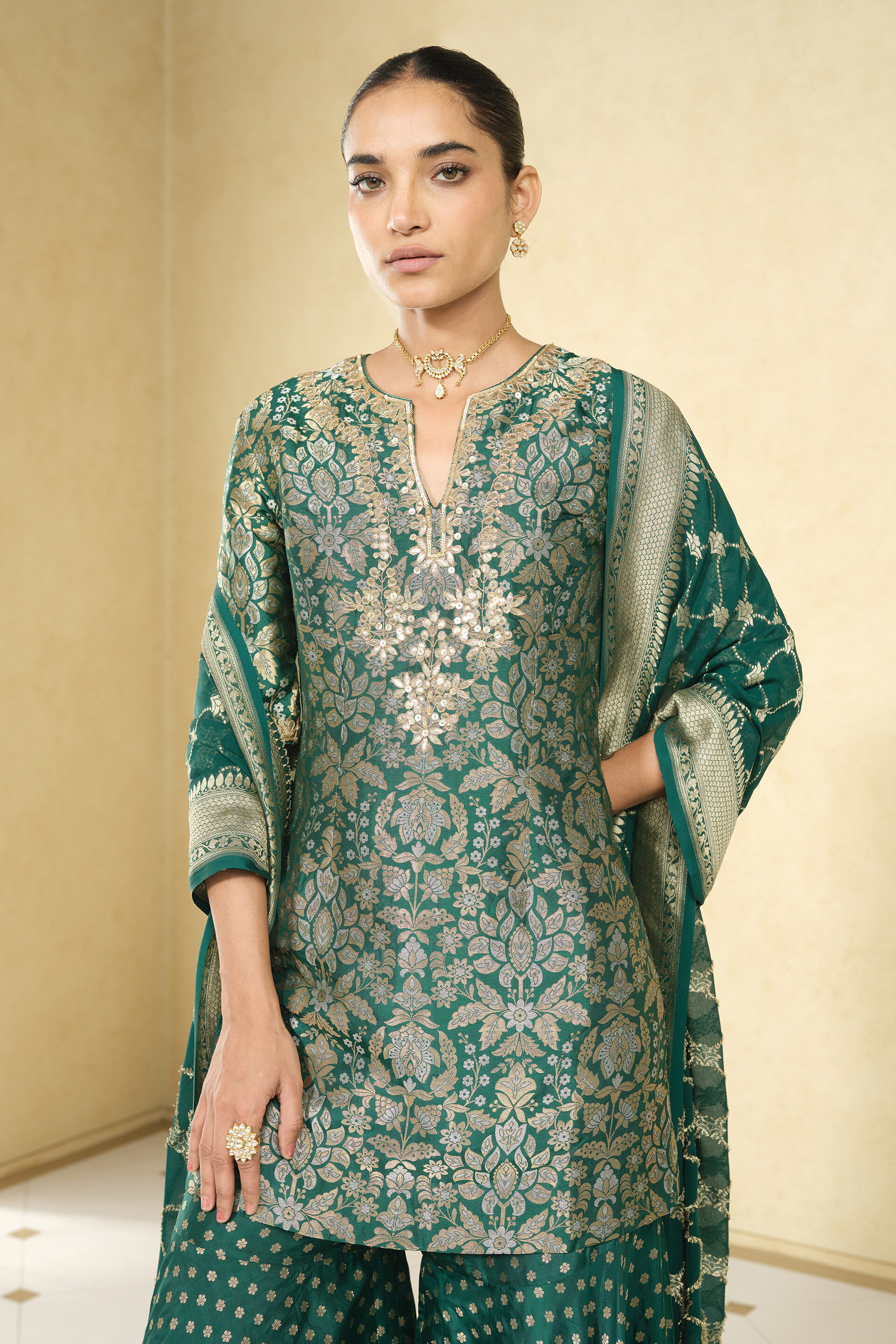 Khevna Handwoven Benarasi Silk Sharara Set - Green, Green, image 4